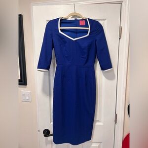 Elegant Blue Midi Dress with White Trim